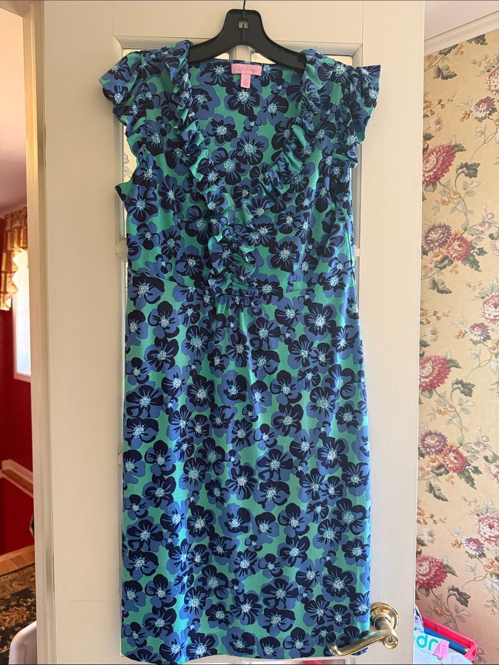 Lilly Pulitzer Floral Ruffle V-Neck Sheath Dress in Teal & Navy floral